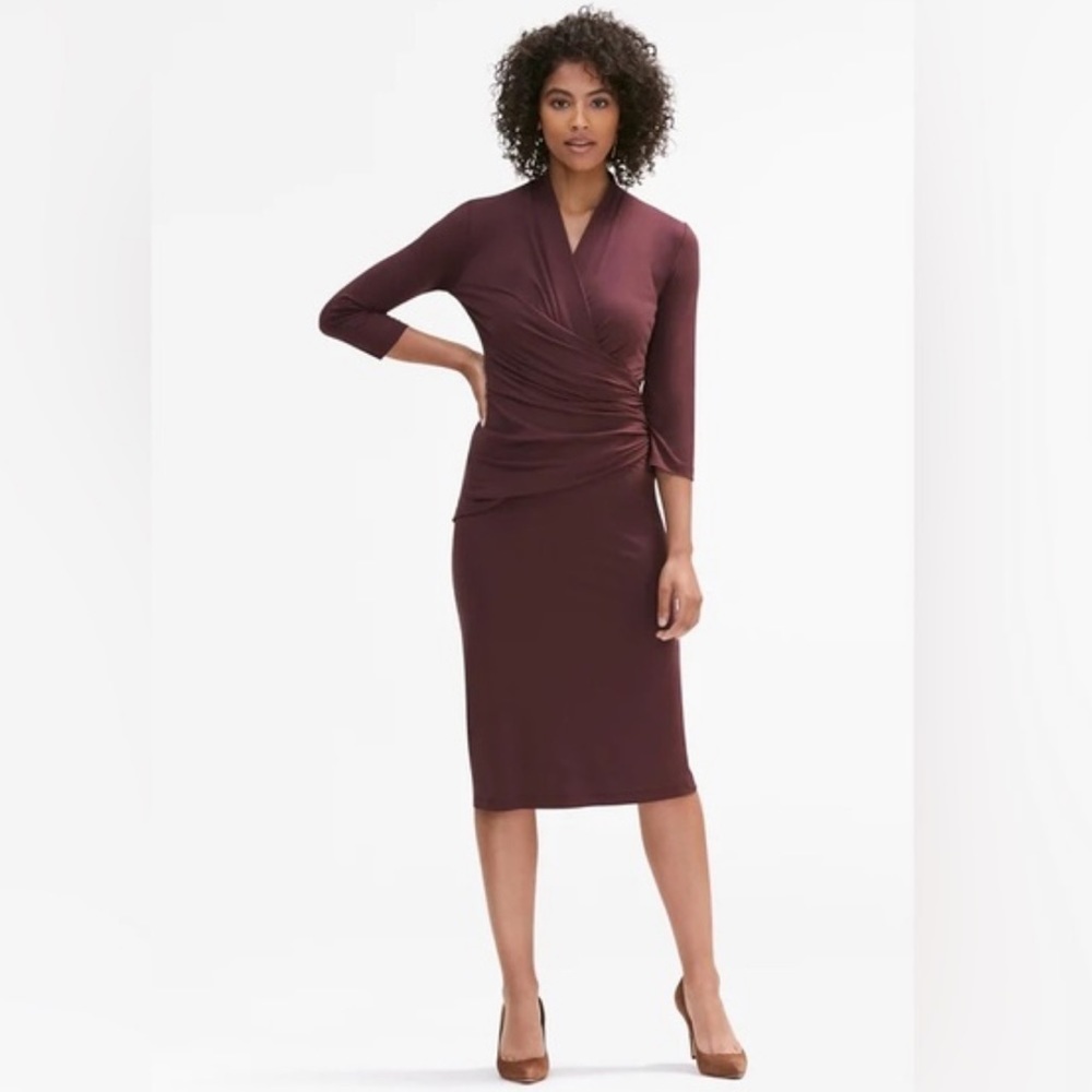 MM Lafleur Casey Chestnut Red Faux Wrap Ruched Midi Dress
